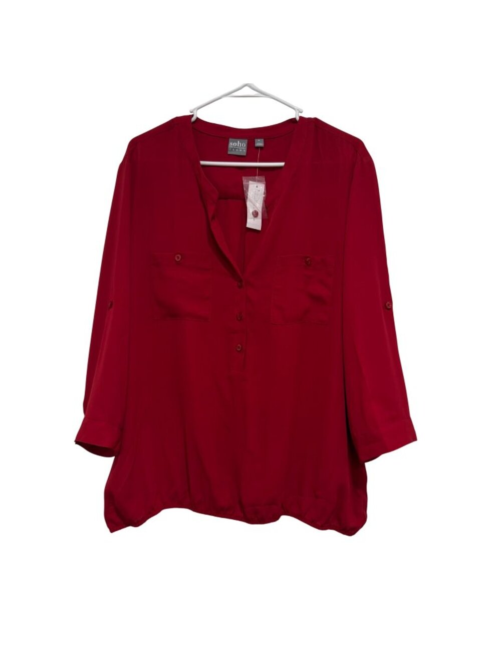 Soho New York & Co Womens XL Red Button-Down Blouse Roll-Taps Sleeve Elastic Hem